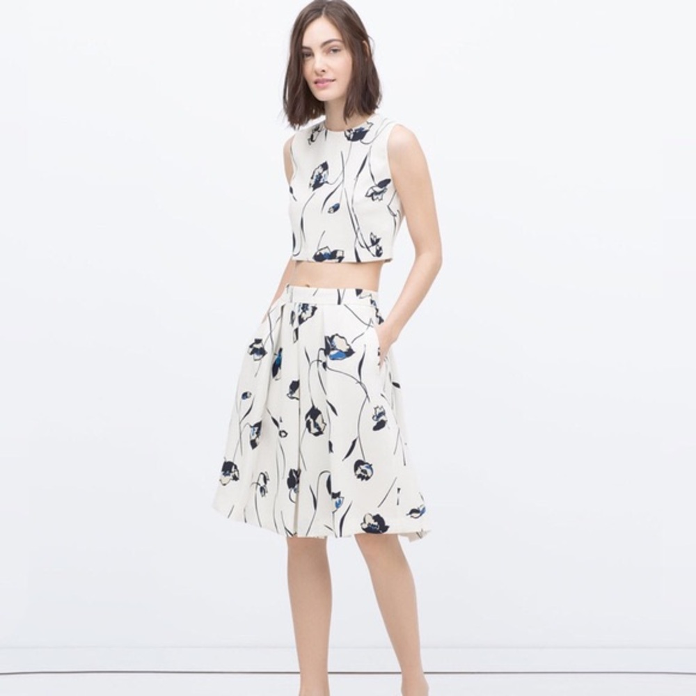 Zara White Floral Crop Top, Midi Skirt Set